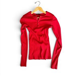 Zara Red Ribbed Henley Top Medium Long Sleeve Officecore Essential